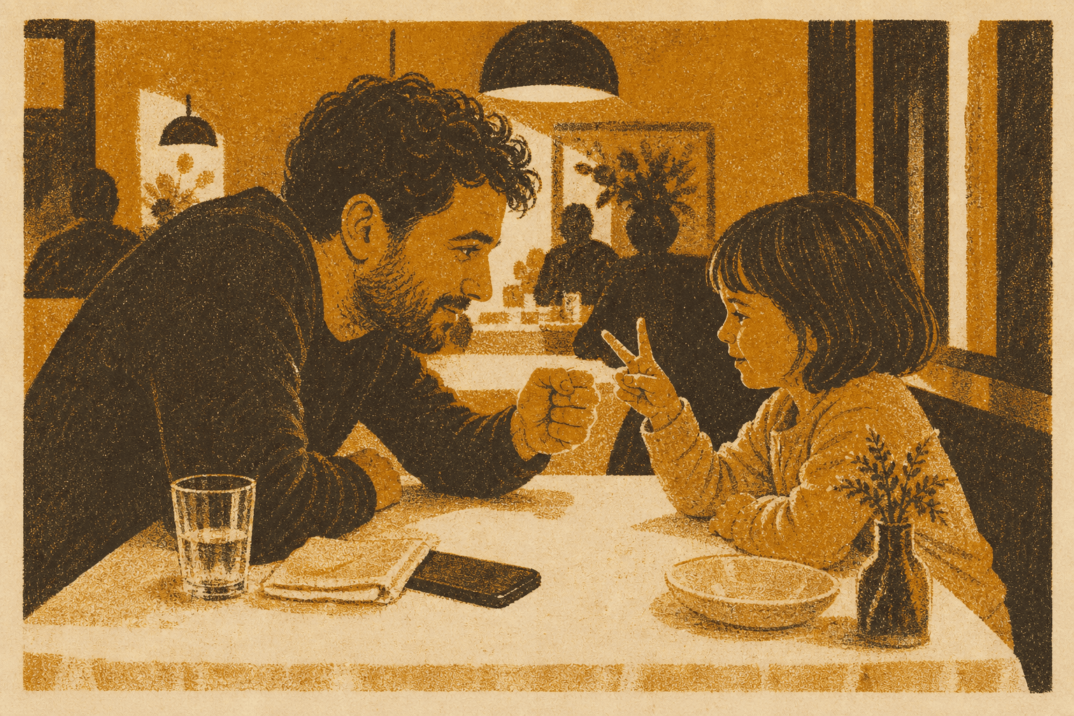Un parent et son enfant jouent à table, le téléphone posé face contre la nappe
